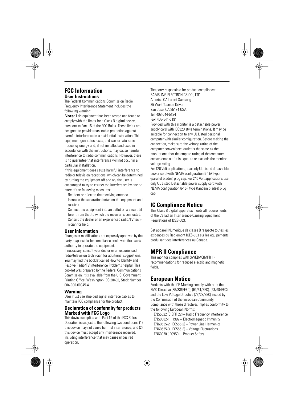 Regulatory information, Fcc information, Ic compliance notice | Mpr ii compliance, European notice | Samsung TP17LS7LSO-XBM User Manual | Page 20 / 21