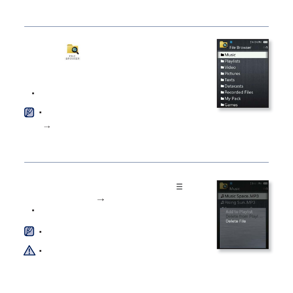 Browsing for files using “file browser, Deleting files with “file browser | Samsung YP-Q2JCB-XAA User Manual | Page 20 / 106