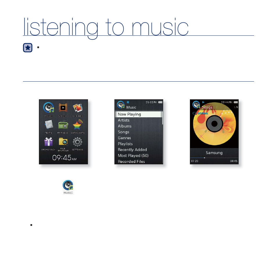 Listening to music, Listening by category | Samsung YP-Q2JCB-XAA User Manual | Page 35 / 106