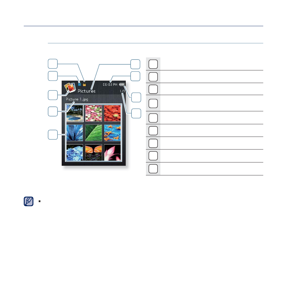 Picture display, Picture preview screen, Parent menu indicator | Current time, Battery status, Current fi le / total number of fi les indicator, Lock indicator, Music play status, Picture mode indicator, File name | Samsung YP-Q2JCB-XAA User Manual | Page 57 / 106