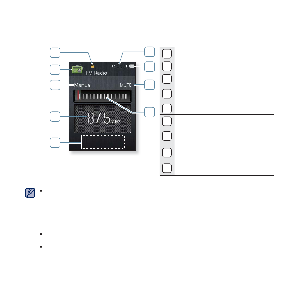 Fm radio display, Current time, Battery status | Mute indicator, Frequency location indicator, Lock indicator, Radio mode indicator, Manual/preset mode indicator, Current frequency(mhz) indicator, Rbds indicator | Samsung YP-Q2JCB-XAA User Manual | Page 69 / 106