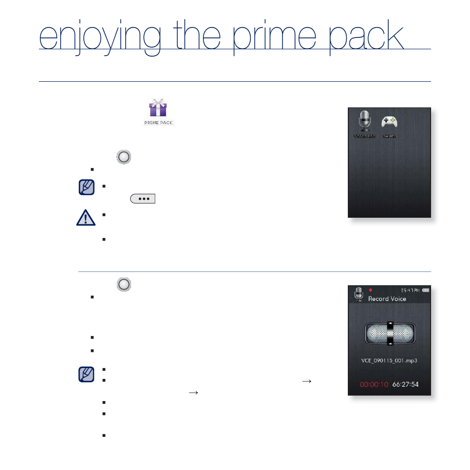 Enjoying the prime pack, Voice recording | Samsung YP-Q2JCB-XAA User Manual | Page 78 / 106