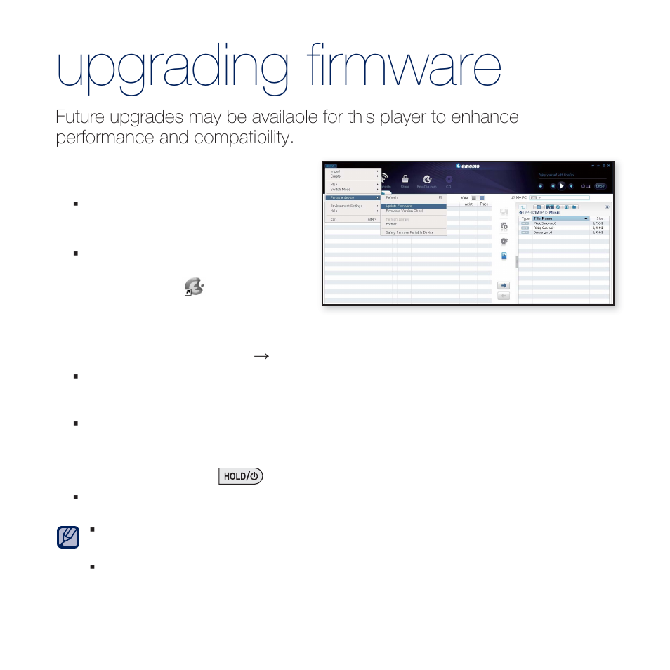 Upgrading firmware, Upgrading ﬁ rmware | Samsung YP-Q2JCB-XAA User Manual | Page 82 / 106