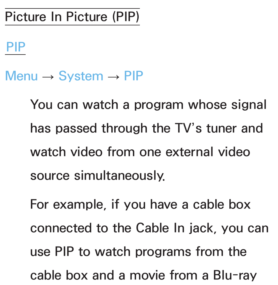 Picture in picture (pip) | Samsung PN51E6500EFXZA User Manual | Page 210 / 673