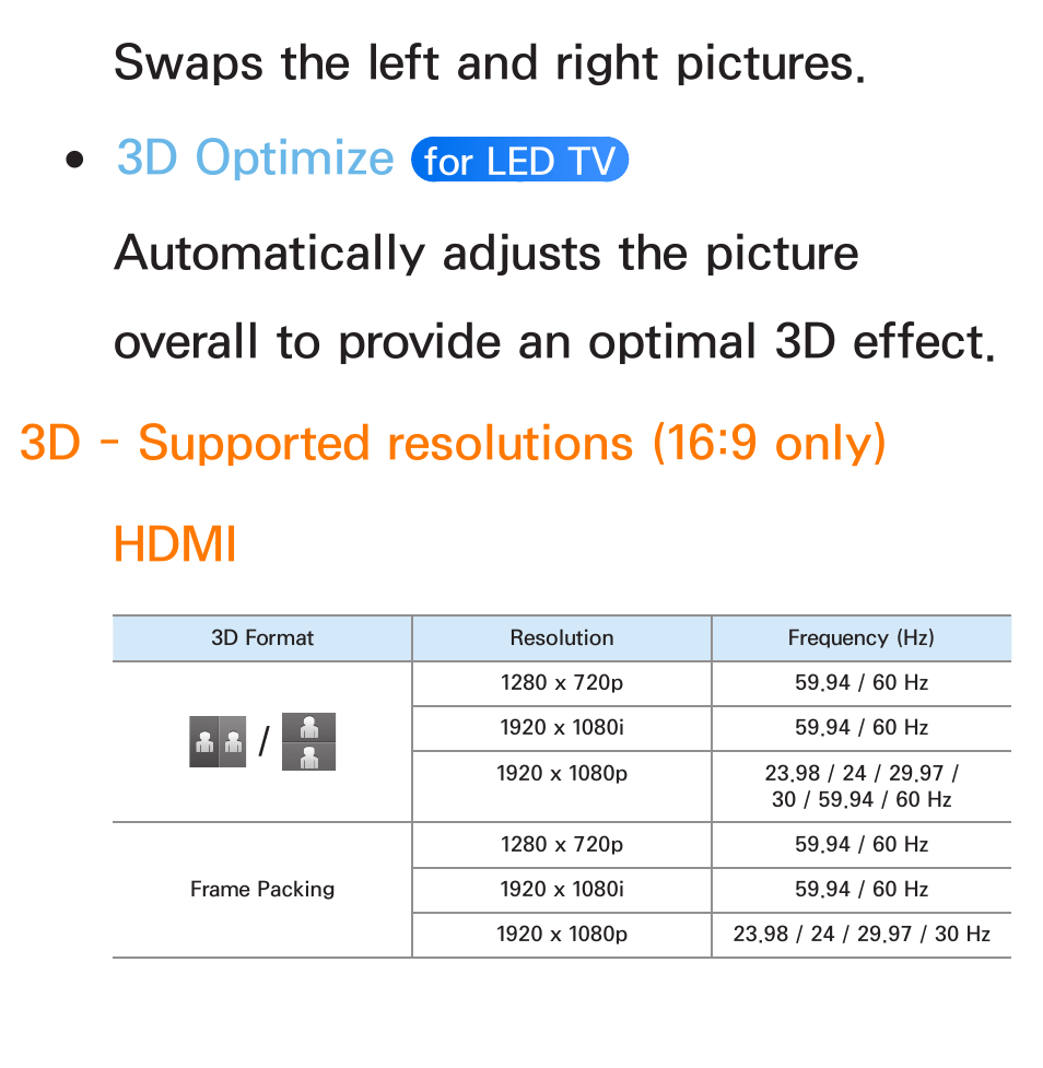 Swaps the left and right pictures, 3d optimize, For led tv | Samsung PN51E6500EFXZA User Manual | Page 275 / 673