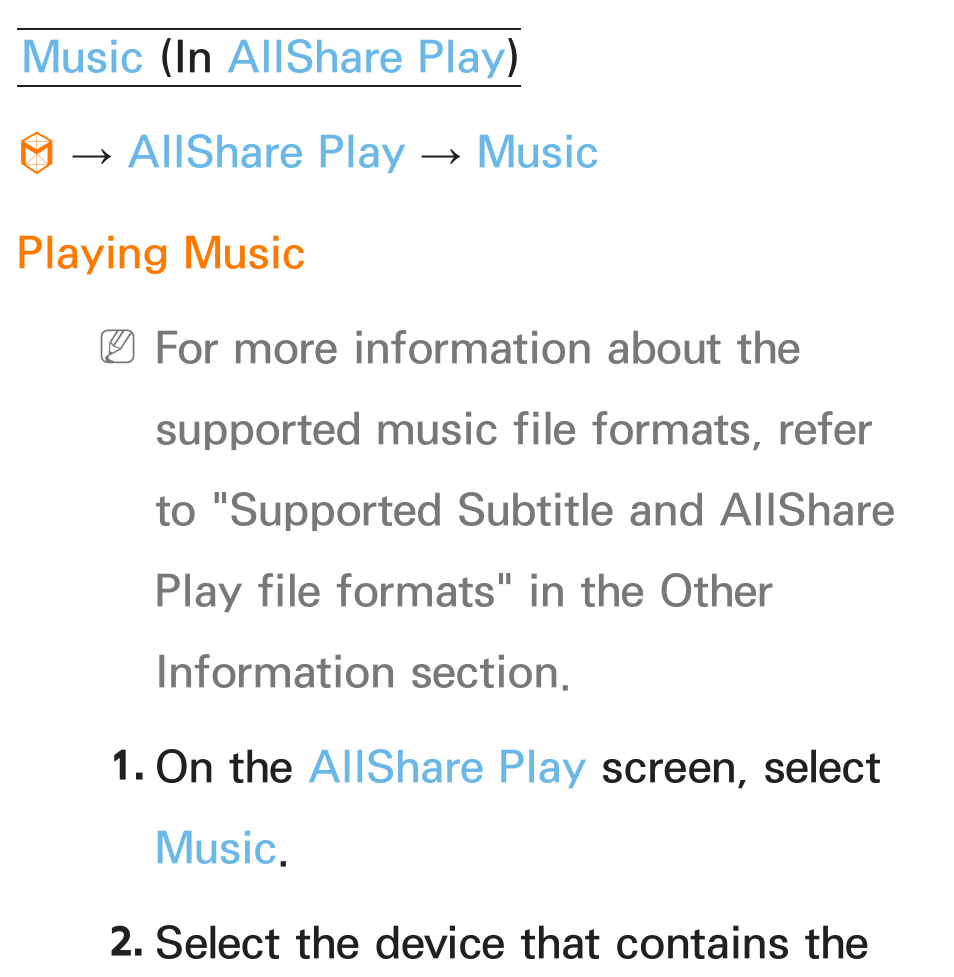 Music, Allshare play | Samsung PN51E6500EFXZA User Manual | Page 559 / 673