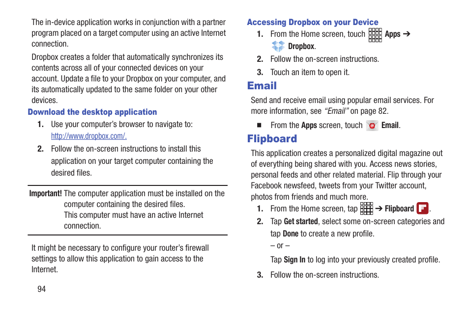 Email, Flipboard, Email flipboard | Samsung SCH-R530RWBMTR User Manual | Page 100 / 213