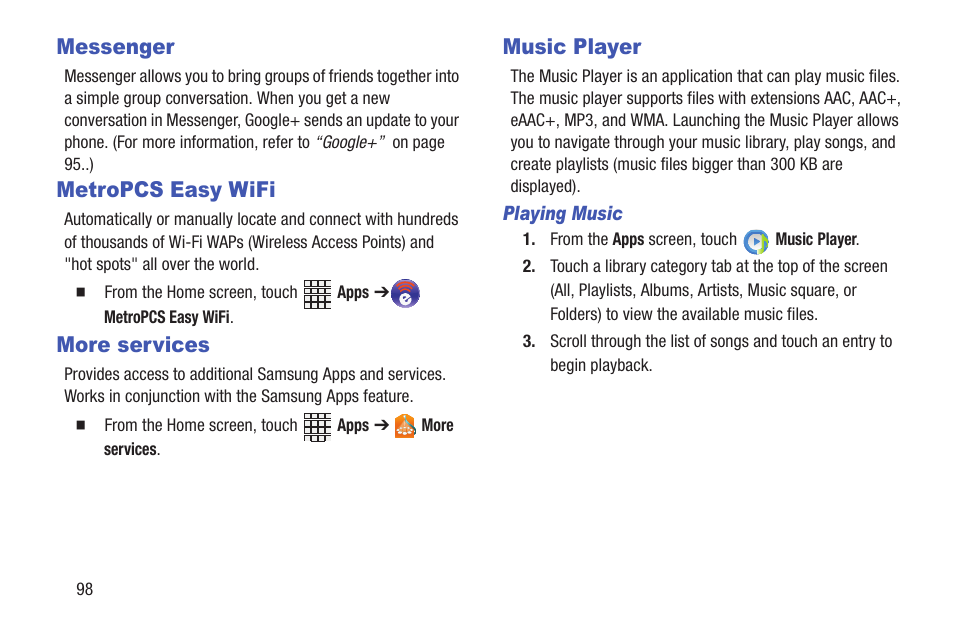 Messenger, Metropcs easy wifi, More services | Music player | Samsung SCH-R530RWBMTR User Manual | Page 104 / 213