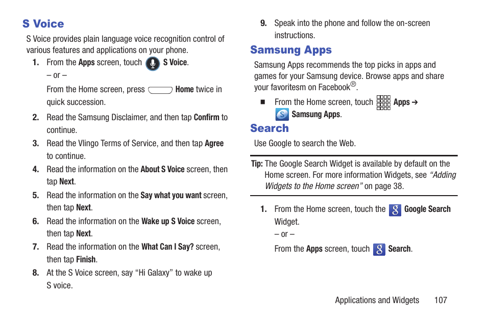 S voice, Samsung apps, Search | Samsung apps search | Samsung SCH-R530RWBMTR User Manual | Page 113 / 213