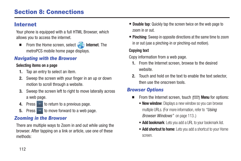 Section 8: connections, Internet | Samsung SCH-R530RWBMTR User Manual | Page 118 / 213