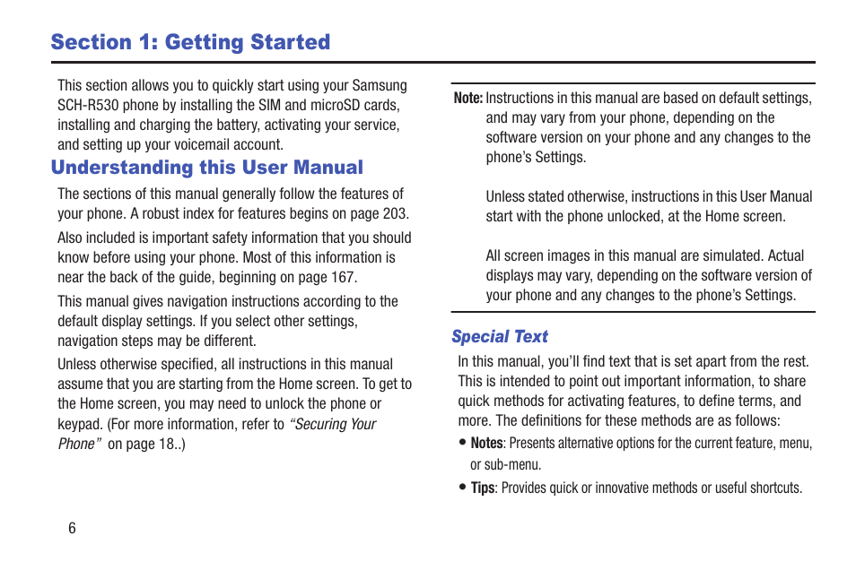 Section 1: getting started, Understanding this user manual | Samsung SCH-R530RWBMTR User Manual | Page 12 / 213