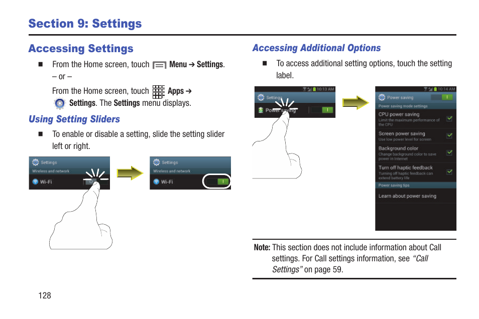 Section 9: settings, Accessing settings, For more | Samsung SCH-R530RWBMTR User Manual | Page 134 / 213