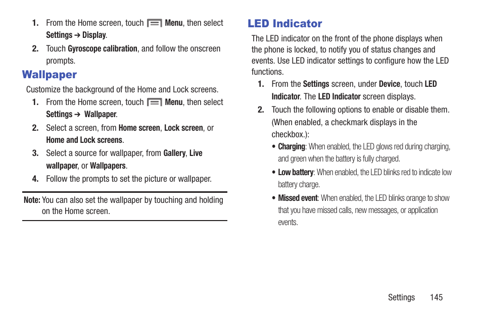 Wallpaper, Led indicator, Wallpaper led indicator | Samsung SCH-R530RWBMTR User Manual | Page 151 / 213