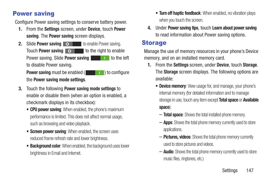 Power saving, Storage, Power saving storage | Samsung SCH-R530RWBMTR User Manual | Page 153 / 213