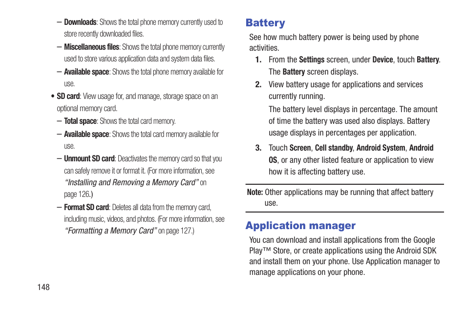 Battery, Application manager, Battery application manager | P. for more information, refer to “application | Samsung SCH-R530RWBMTR User Manual | Page 154 / 213