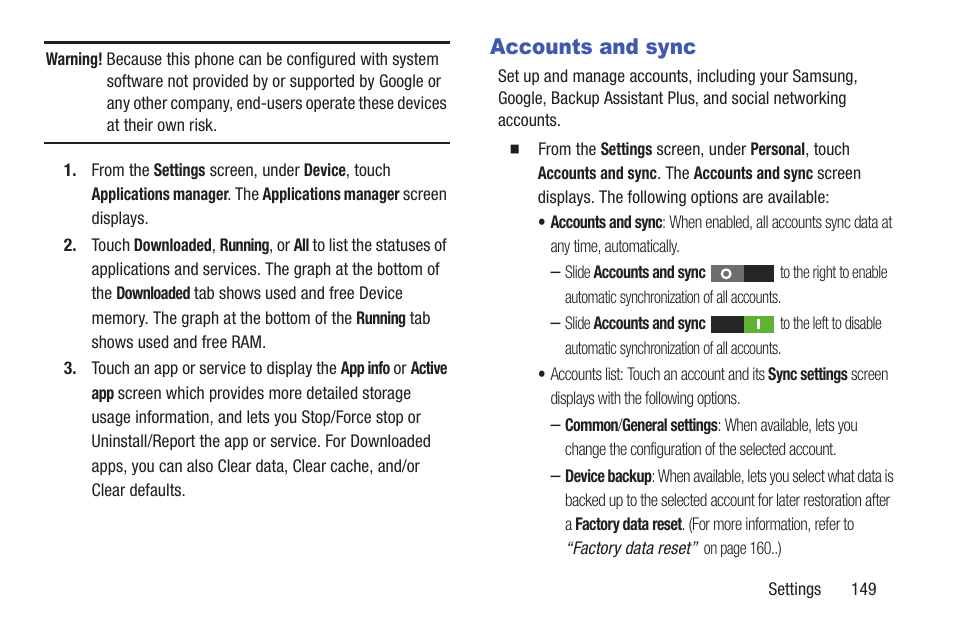 Accounts and sync, For more information, refer to | Samsung SCH-R530RWBMTR User Manual | Page 155 / 213