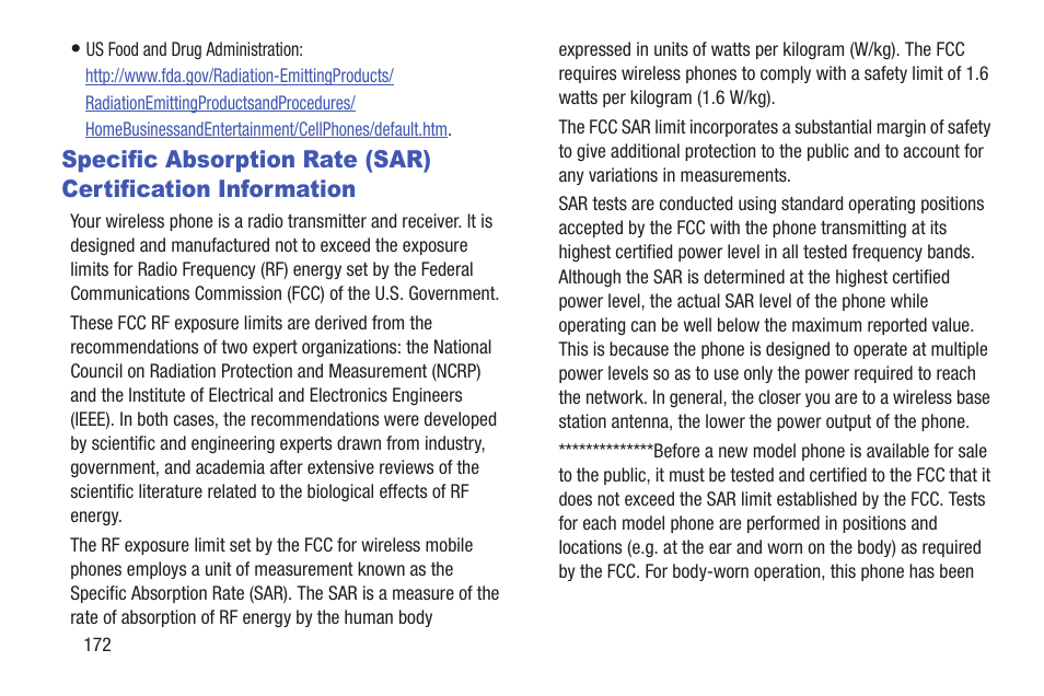 Specific absorption rate (sar), Certification information | Samsung SCH-R530RWBMTR User Manual | Page 178 / 213