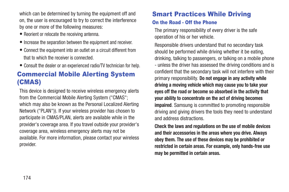 Commercial mobile alerting system (cmas), Smart practices while driving, Commercial mobile alerting system | Cmas) | Samsung SCH-R530RWBMTR User Manual | Page 180 / 213