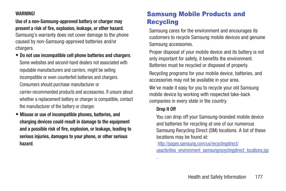 Samsung mobile products and recycling | Samsung SCH-R530RWBMTR User Manual | Page 183 / 213