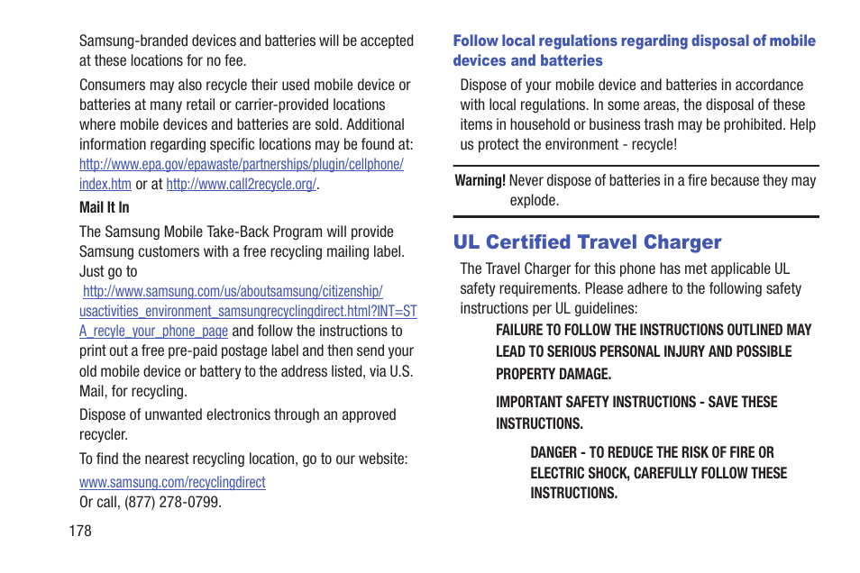 Ul certified travel charger | Samsung SCH-R530RWBMTR User Manual | Page 184 / 213