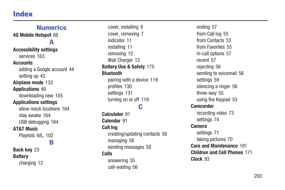 Index | Samsung SCH-R530RWBMTR User Manual | Page 209 / 213