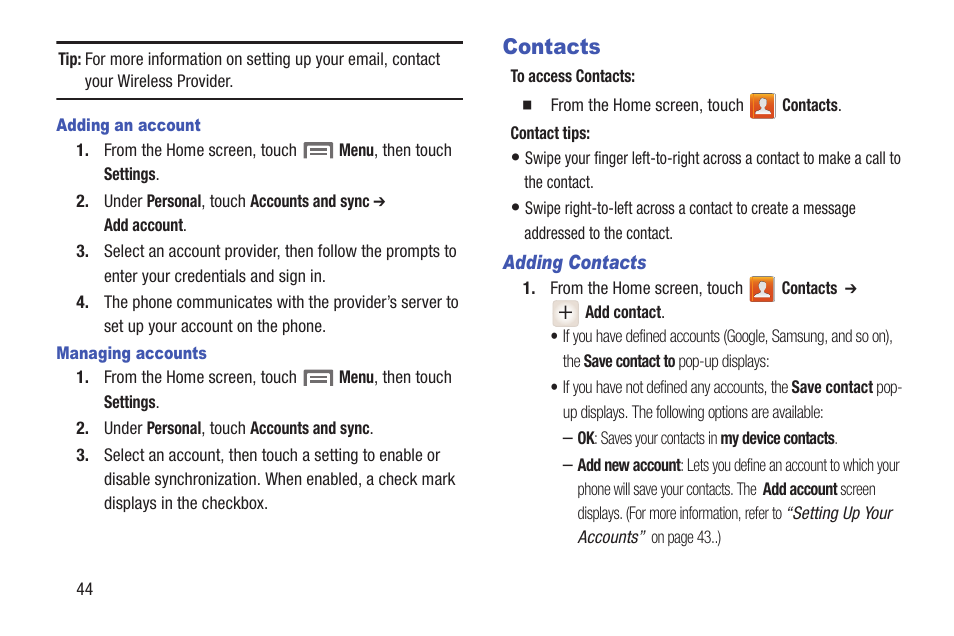 Contacts | Samsung SCH-R530RWBMTR User Manual | Page 50 / 213