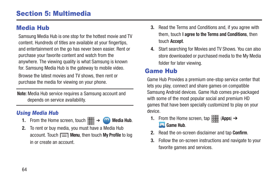 Section 5: multimedia, Media hub, Game hub | Media hub game hub | Samsung SCH-R530RWBMTR User Manual | Page 70 / 213