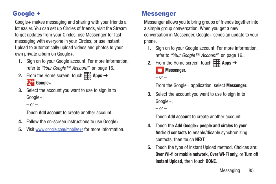 Google, Messenger | Samsung SCH-R530RWBMTR User Manual | Page 91 / 213