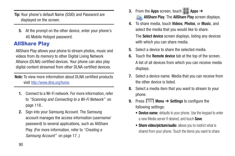 Allshare play | Samsung SCH-R530RWBMTR User Manual | Page 96 / 213