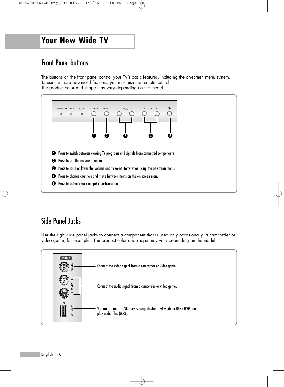 Front panel buttons, Side panel jacks, Your new wide tv | Samsung HLS6186WX-XAC User Manual | Page 10 / 132