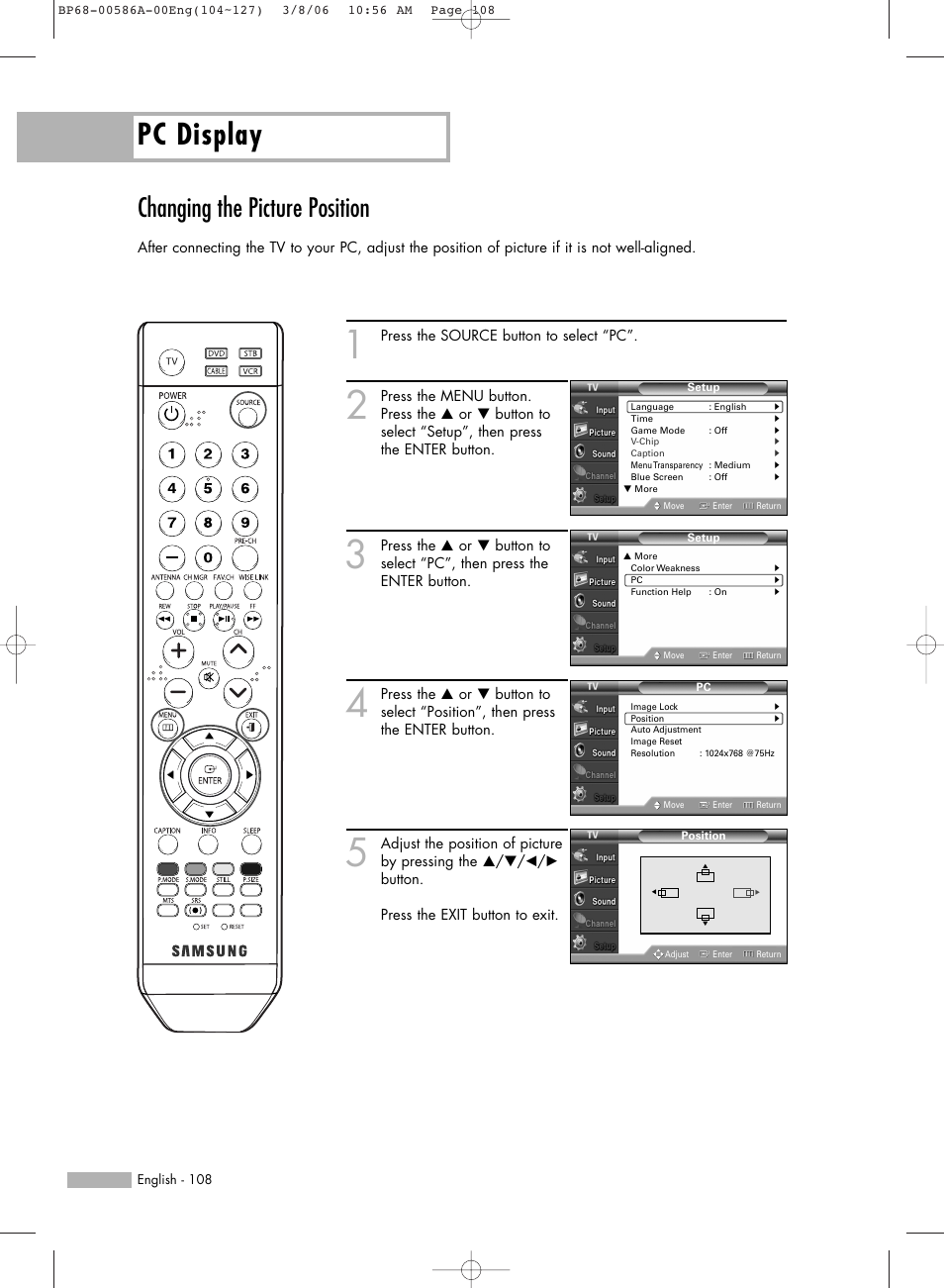 Changing the picture position, Pc display | Samsung HLS6186WX-XAC User Manual | Page 108 / 132