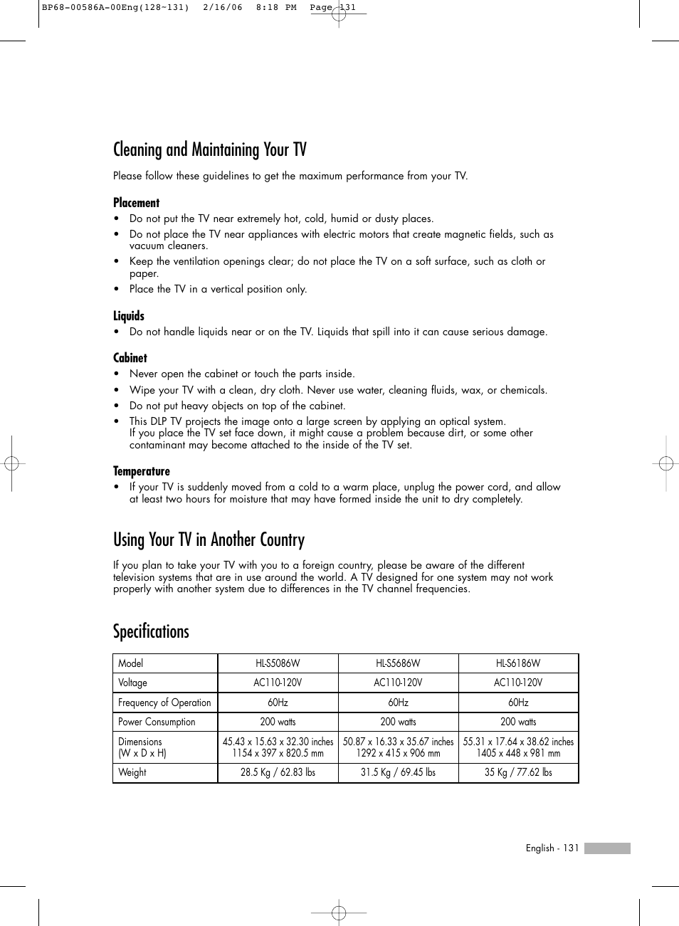Cleaning and maintaining your tv, Using your tv in another country, Specifications | Samsung HLS6186WX-XAC User Manual | Page 131 / 132