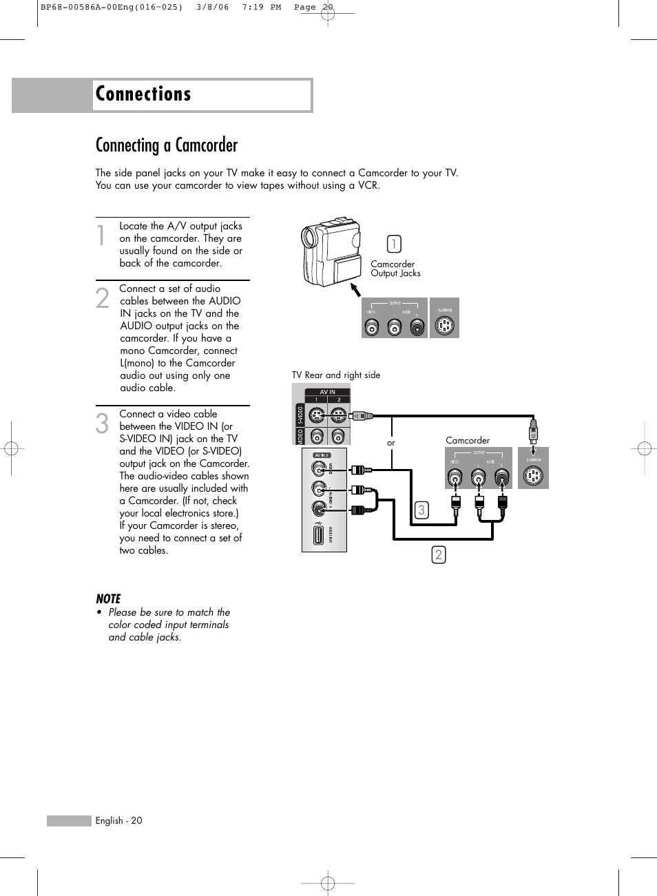 Connecting a camcorder, Connections | Samsung HLS6186WX-XAC User Manual | Page 20 / 132
