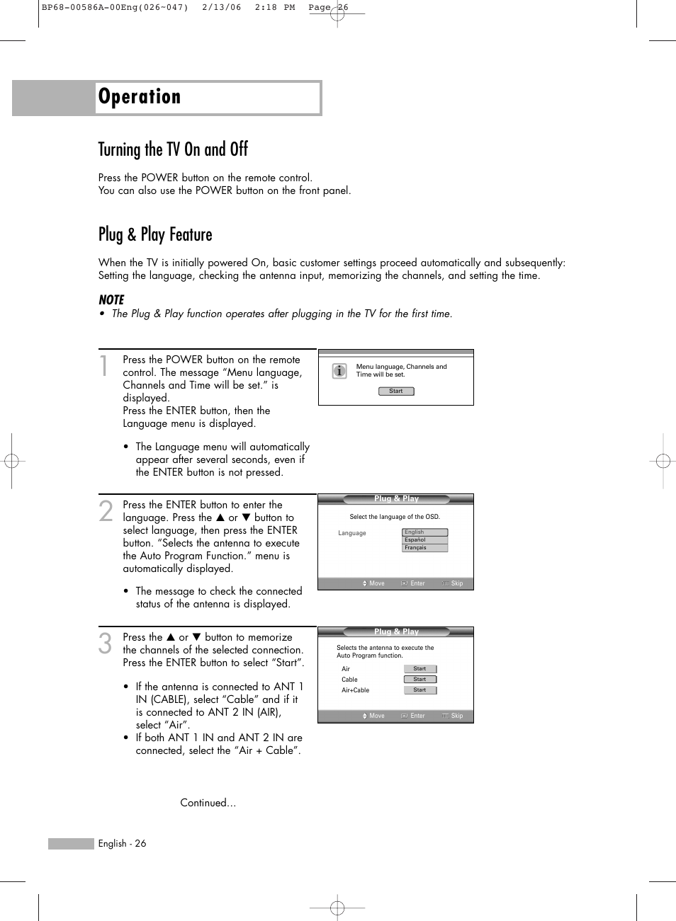 Turning the tv on and off, Plug & play feature, Operation | Samsung HLS6186WX-XAC User Manual | Page 26 / 132
