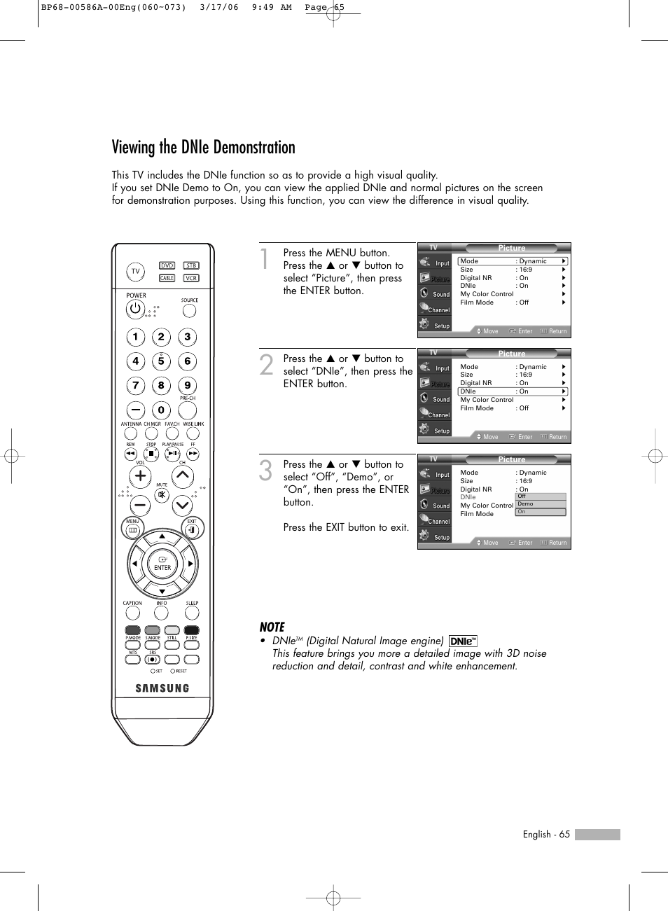 Viewing the dnie demonstration | Samsung HLS6186WX-XAC User Manual | Page 65 / 132