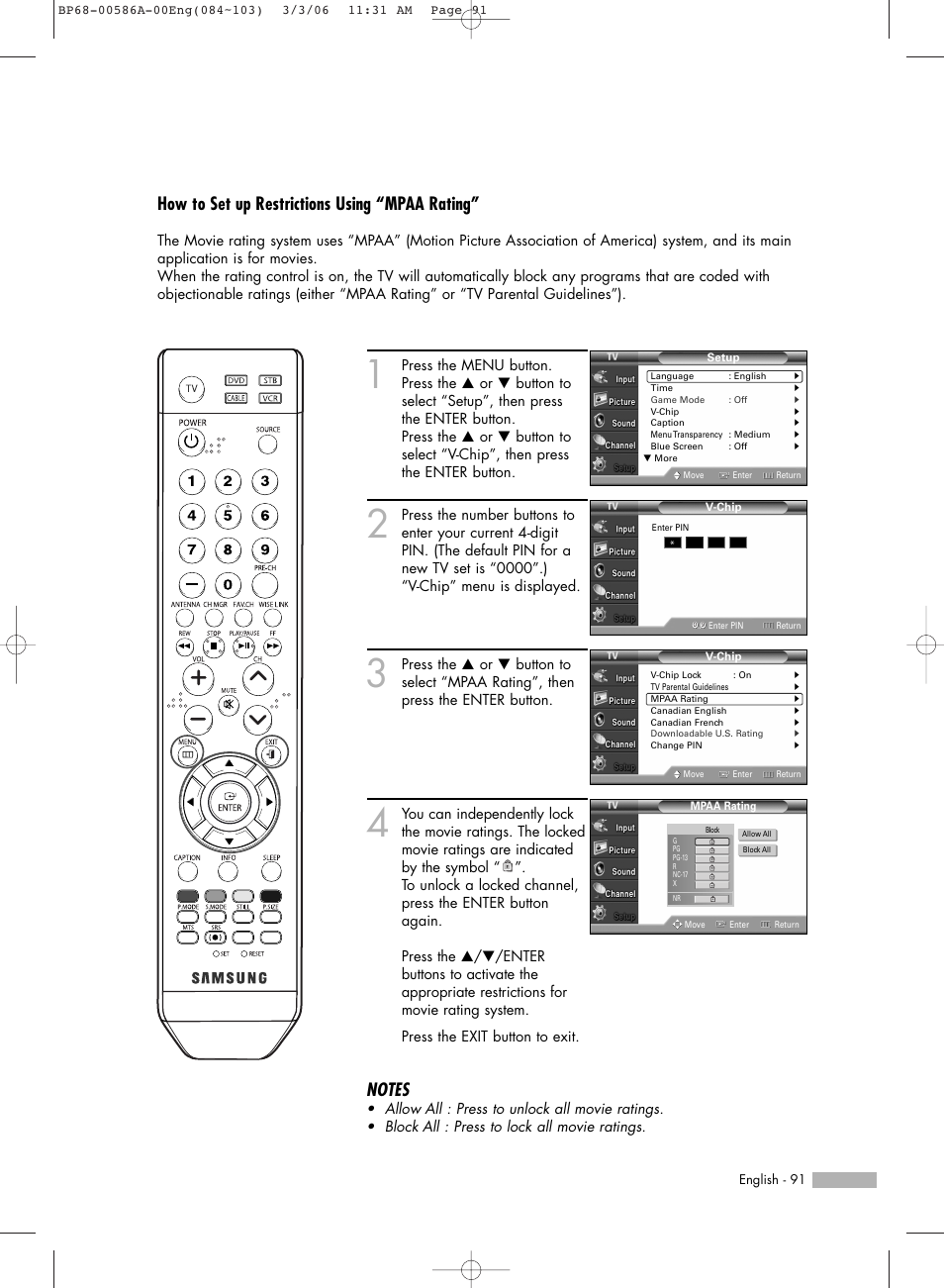 How to set up restrictions using “mpaa rating | Samsung HLS6186WX-XAC User Manual | Page 91 / 132