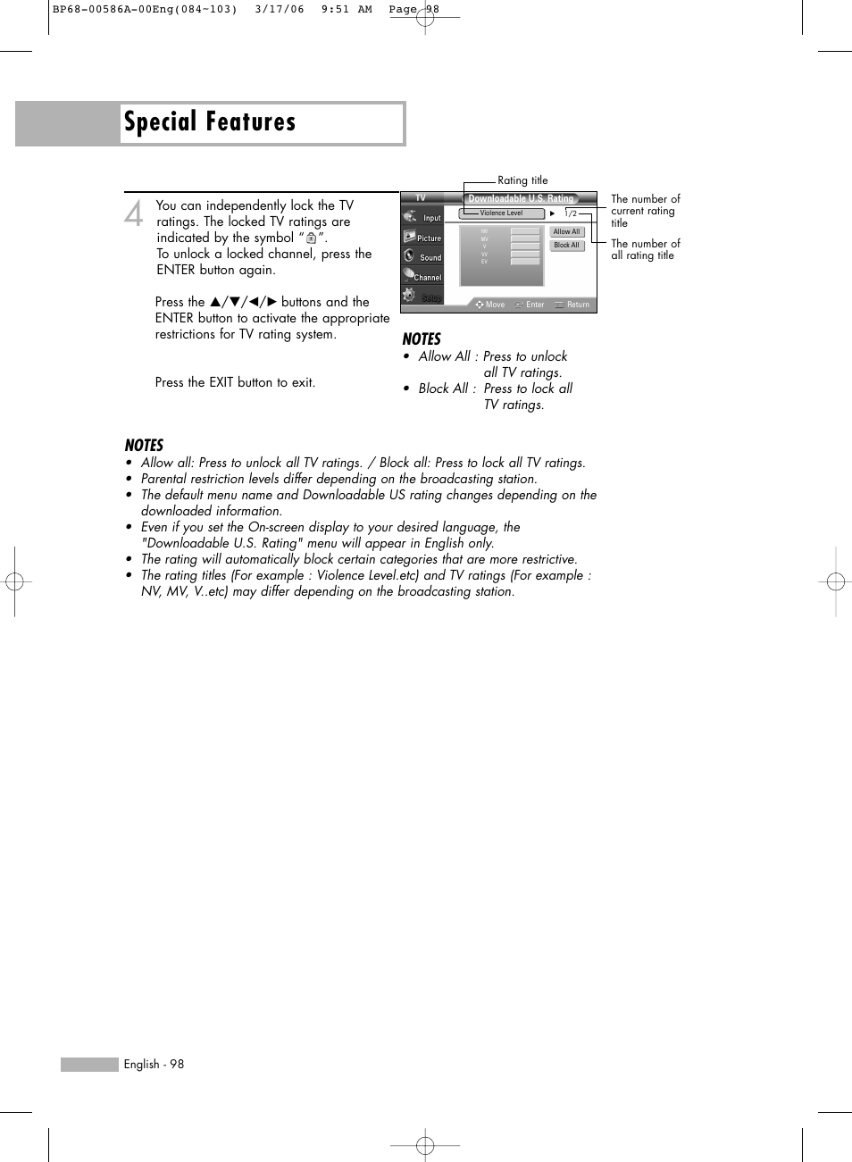 Special features | Samsung HLS6186WX-XAC User Manual | Page 98 / 132