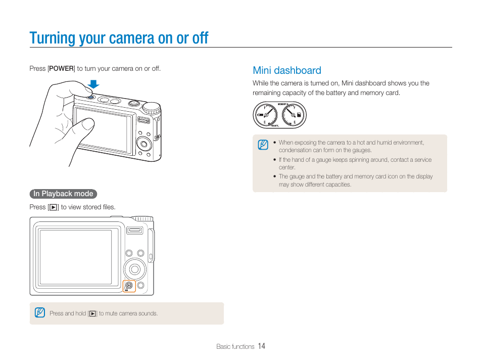 Turning your camera on or off, Mini dashboard | Samsung EC-TL9ZZPBA-US User Manual | Page 15 / 95