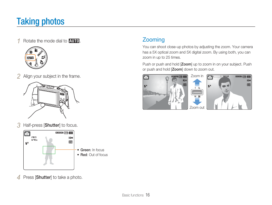 Taking photos, Zooming | Samsung EC-TL9ZZPBA-US User Manual | Page 17 / 95