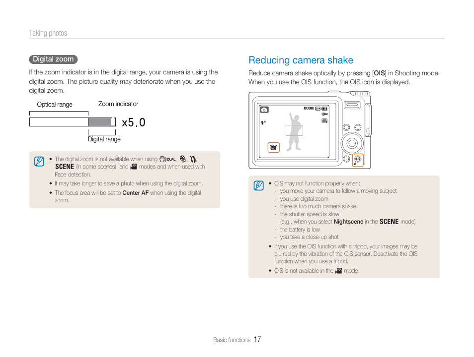 Optical image stabilization (ois), Reducing camera shake | Samsung EC-TL9ZZPBA-US User Manual | Page 18 / 95