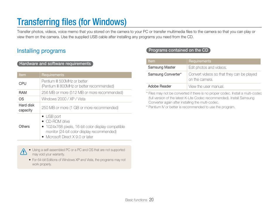 Transferring ﬁles (for windows), Installing programs | Samsung EC-TL9ZZPBA-US User Manual | Page 21 / 95