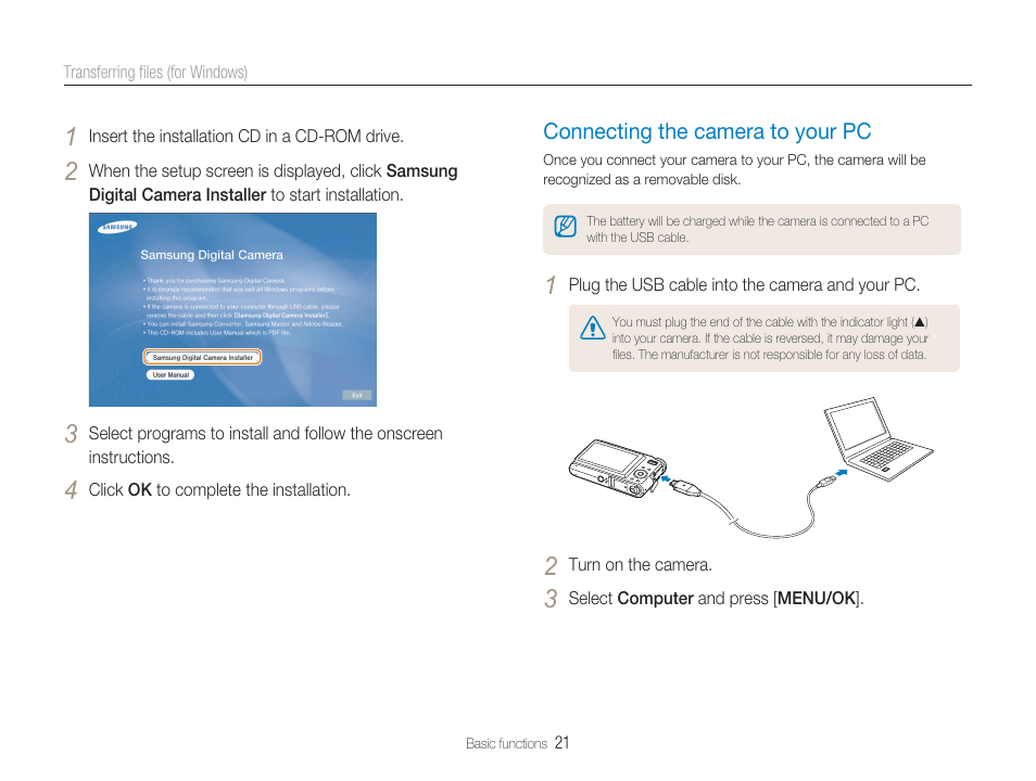 Connecting the camera to your computer f 21, Connecting the camera to your pc | Samsung EC-TL9ZZPBA-US User Manual | Page 22 / 95