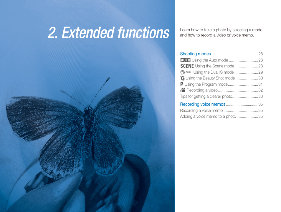 2 extended functions, Extended, Functions | Extended functions | Samsung EC-TL9ZZPBA-US User Manual | Page 28 / 95