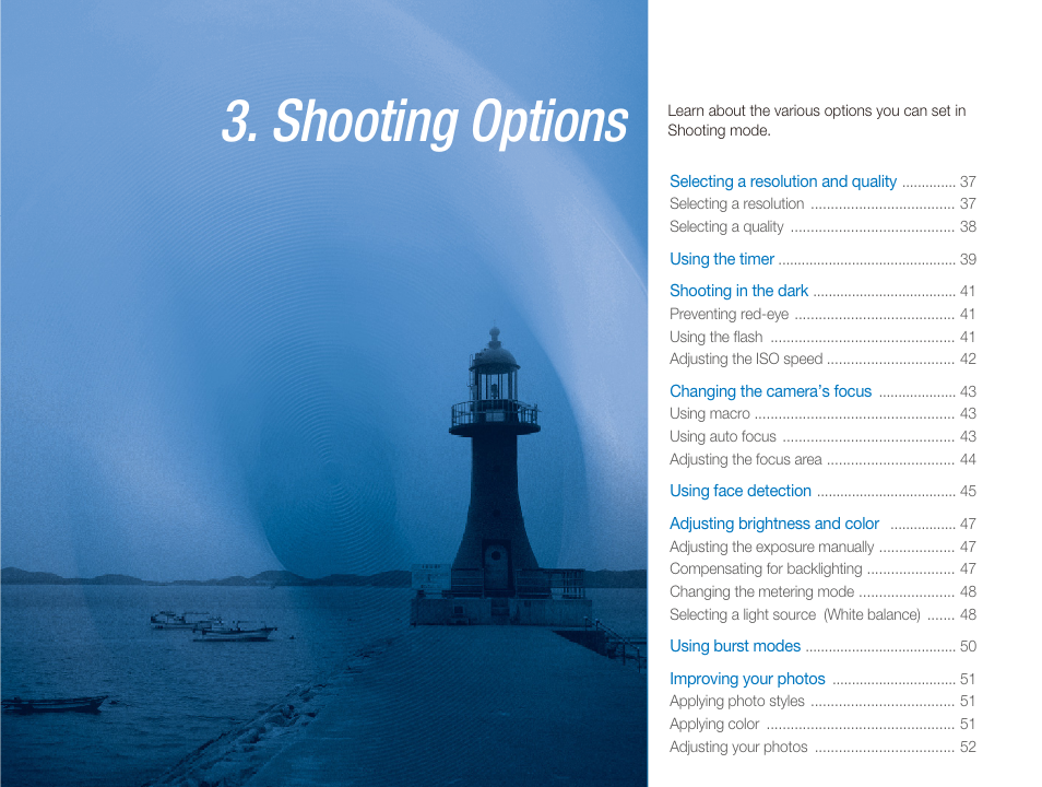 3 shooting options, Shooting, Options | Shooting options | Samsung EC-TL9ZZPBA-US User Manual | Page 37 / 95