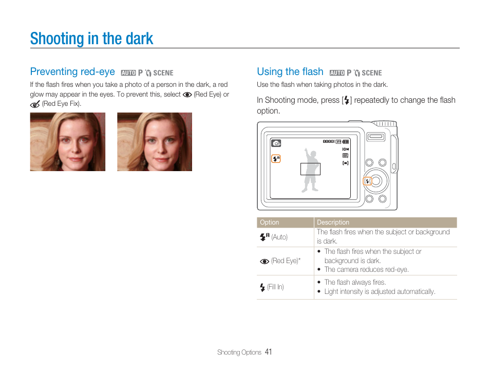 Flash options, Shooting in the dark, Preventing red-eye | Using the ﬂash, Red-eye, Fill in). (p.41) | Samsung EC-TL9ZZPBA-US User Manual | Page 42 / 95