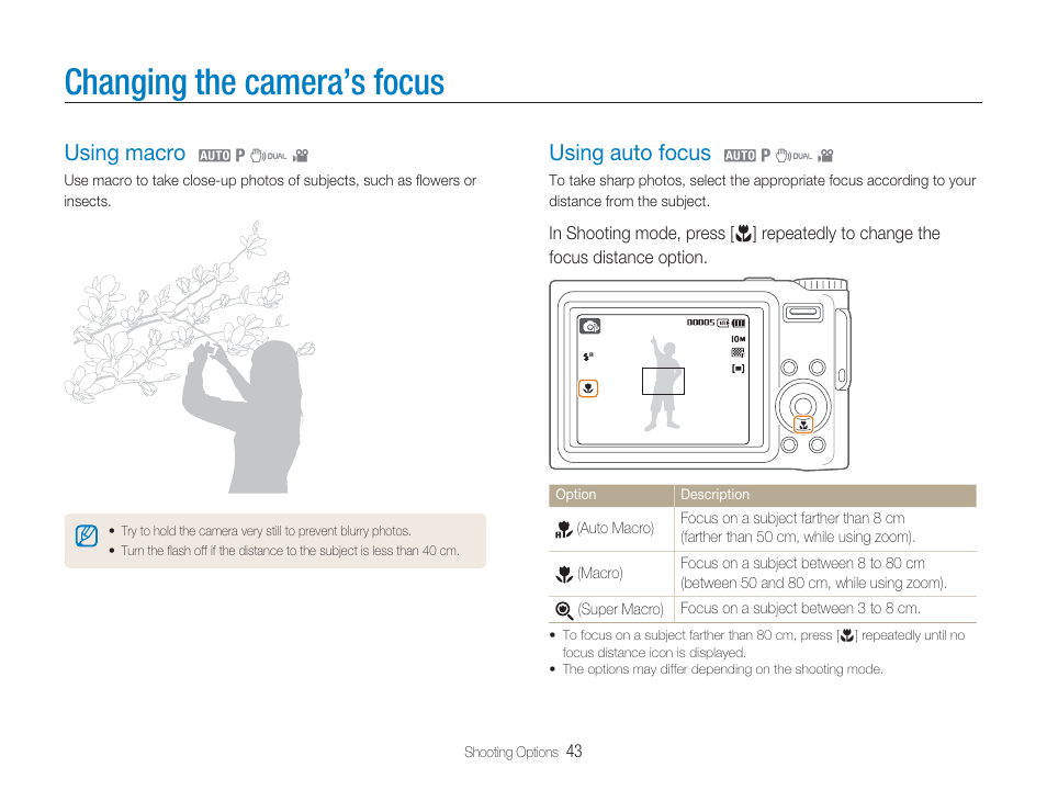 Changing the camera’s focus, Using macro, Using auto focus | Macro | Samsung EC-TL9ZZPBA-US User Manual | Page 44 / 95