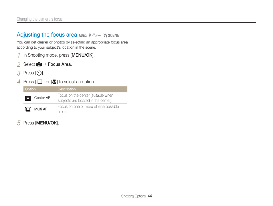 Adjusting the focus area, Af area | Samsung EC-TL9ZZPBA-US User Manual | Page 45 / 95