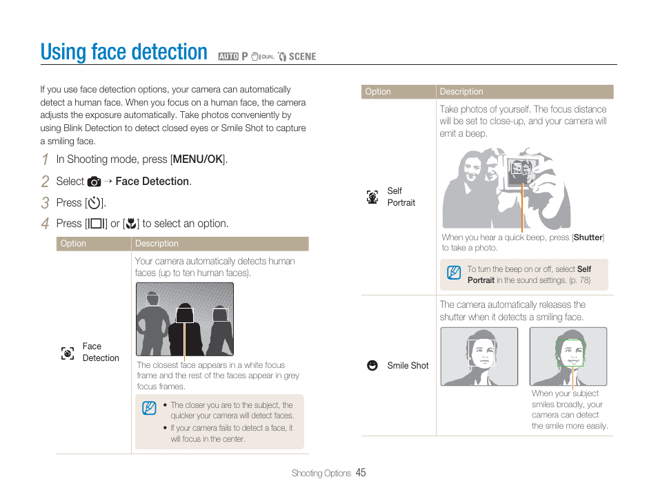 Using face detection, Face detection | Samsung EC-TL9ZZPBA-US User Manual | Page 46 / 95