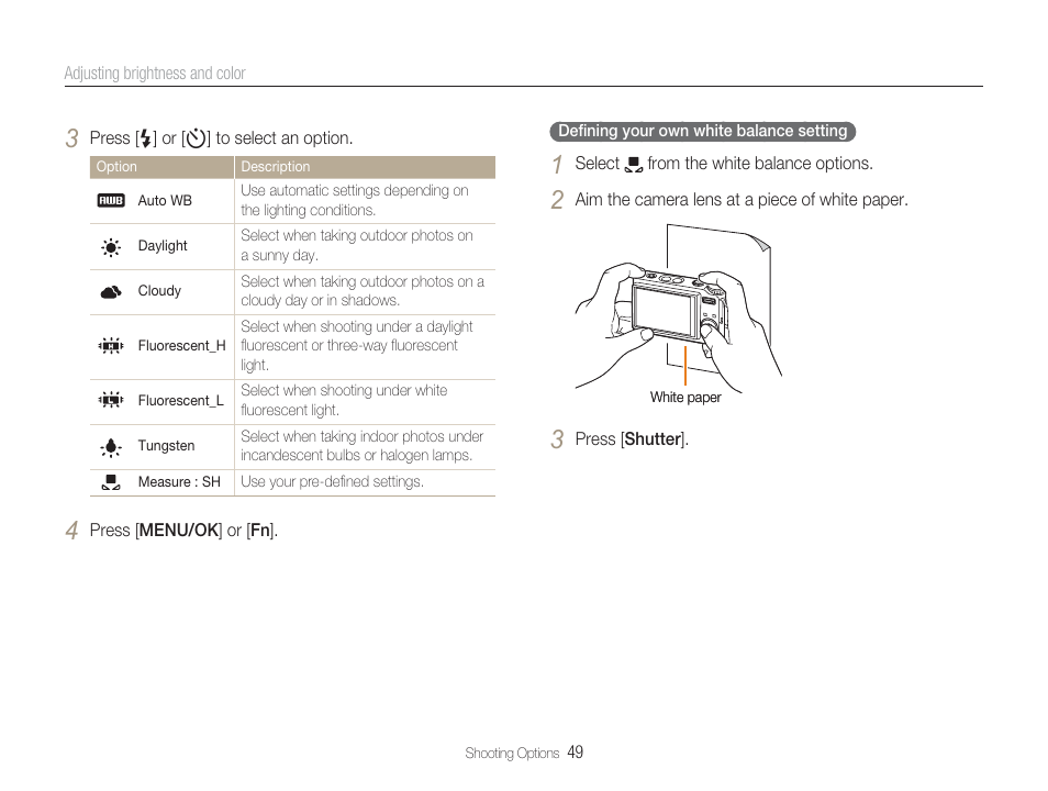 Selecting a light source (white balance) | Samsung EC-TL9ZZPBA-US User Manual | Page 50 / 95