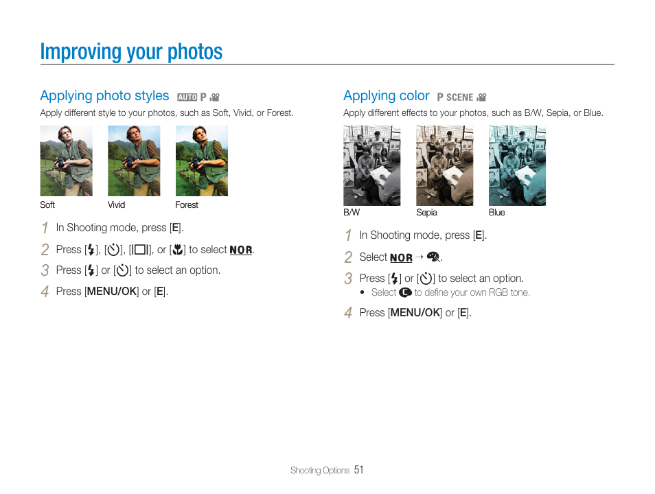 Photo style selector (to apply a different tone), Color (to apply a different color ﬁlter), Improving your photos | Applying photo styles, Applying color, Photo style, Color effect | Samsung EC-TL9ZZPBA-US User Manual | Page 52 / 95